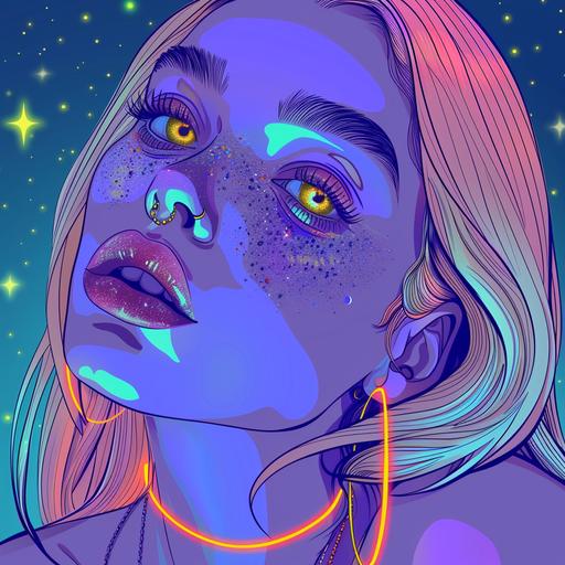 striking tiktok beauty model with sparkly eyes , long eyelashes, freckles, wearing sparkly pop rings. Quirky cartoon art style, line drawings, intense colors, pop style lines, rich details, doll-core, pastel neons, ethereal dancing in a nightclub