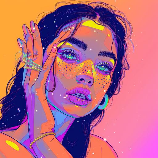 striking tiktok beauty model with sparkly eyes , long eyelashes, freckles, wearing sparkly pop rings. Quirky cartoon art style, line drawings, intense colors, pop style lines, rich details, doll-core, pastel neons, ethereal dancing in a nightclub