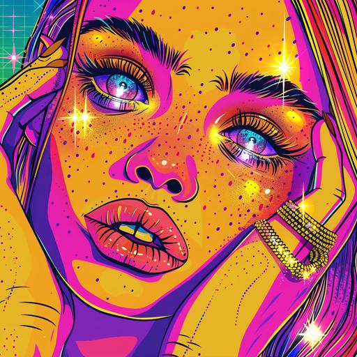 striking tiktok beauty model with sparkly eyes , long eyelashes, freckles, wearing sparkly pop rings. Quirky cartoon art style, line drawings, intense colors, pop style lines, rich details, doll-core, pastel neons, ethereal dancing in a nightclub