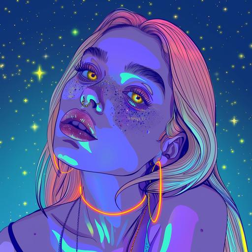 striking tiktok beauty model with sparkly eyes , long eyelashes, freckles, wearing sparkly pop rings. Quirky cartoon art style, line drawings, intense colors, pop style lines, rich details, doll-core, pastel neons, ethereal dancing in a nightclub