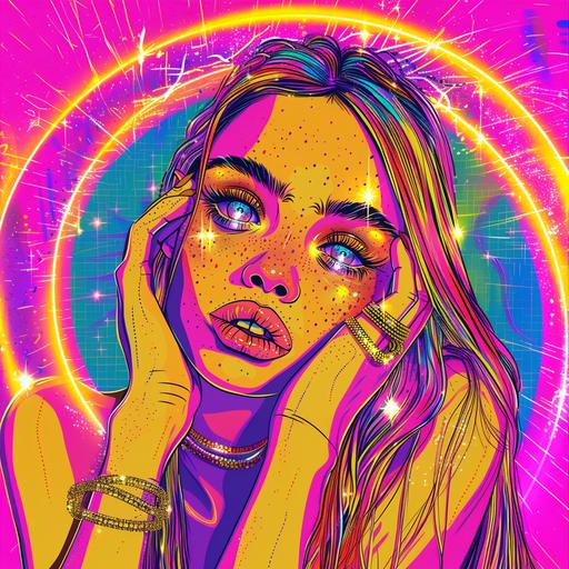 striking tiktok beauty model with sparkly eyes , long eyelashes, freckles, wearing sparkly pop rings. Quirky cartoon art style, line drawings, intense colors, pop style lines, rich details, doll-core, pastel neons, ethereal dancing in a nightclub