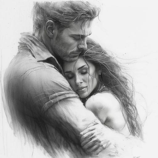Pencil strokes and extremely simple lines draw a strong man sweetly and romantically hugging a girl. Image specifications are suitable for fb ads.