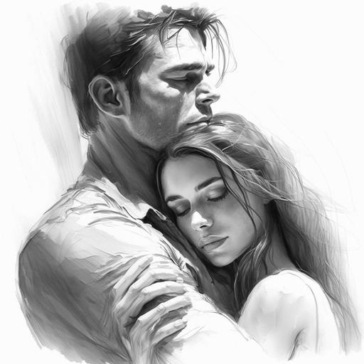 Pencil strokes and extremely simple lines draw a strong man sweetly and romantically hugging a girl. Image specifications are suitable for fb ads.