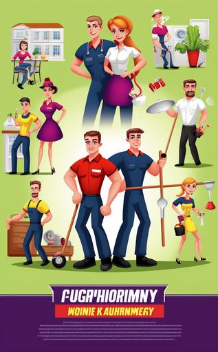 strong adaptable, all-around companion workers on a realistic business design of multiple workers doing different tasks around the house, hurry, running errands, handy, Versatile worker, Versatile, Realistic illustration, poster, flyer template design, plain solid color background, Vector, Muscular male working, Male maid, Companionship, Female Cook, Cooking Waiter, Janitor, Babysitter, Gardeners, Caretakers, handymen, CHAUFFEUR, House cleaner, Masseuse, Cleaning feet, Sensation, Diverse, Black construction worker, Mechanic, Female Housekeeper, Nurse, Nanny, Companion, Relaxing, Safe, worker cartoons, Maintenance worker cartoon, cartoon of a diverse group of workers together, of all races, men, women, all doing work around the house, Technician and builders and engineers and mechanics people, Cleaning service, Cleaning company staff, yard work, taking out trash cans, dumping a trash bag, feeding cats, Male maid, washing dishes, washing a dog, dusting, protector, Premium Vector Repairmat set, people teamwork, shoveling snow, massaging the elderly, rubbing feet, sweeping floor, watering plants, writing notes, handy man, security, raking leaves, love world, services, all 4 seasons, summer, winter, spring, autumn, rain, green grass, jack of all trades, washing cars, installations, repairs, plumbing, mowing the lawn, lawn mower, snow blower, grocery shopping, running errands, many people, masseur, veterinarian, plumber, lawn care, dishwasher, helping old lady, geriatric care, heavy lifting, moving furniture, organizing, cleaning up, multiple workers, helpful, helping hand, labor, assistant, hireling, cleaning gig, job, work, shopping, carrying bags, rushing, detailed people, multiple people, men at work, lawn care services, snow services, Happy, Bright image, Light [...]