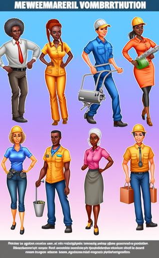 strong adaptable, all-around companion workers, realistic, business, design of multiple workers doing different tasks around the house, hurry, running errands, handy, Versatile worker, Versatile, Realistic illustration, Beautiful cinematics, plain solid color background, African and European, Muscular male working, Male maid, Companionship, Female Cook, Cooking Waiter, Janitor, Babysitter, Gardeners, Caretakers, handymen, CHAUFFEUR, House cleaner, Masseuse, Cleaning feet, Sensation, Diverse, Black construction worker, Mechanic, Female Housekeeper, Nurse, Nanny, Companion, Woman Relaxing, Safe, worker cartoons, Maintenance worker cartoon, cartoon of a diverse group of workers together, of all races, men, women, all doing work around the house, Technician and builders and engineers and mechanics people, Cleaning service, Cleaning company staff, yard work, taking out trash cans, dumping a trash bag, feeding cats, Male maid, washing dishes, washing a dog, dusting, protector, Premium Vector Repairmat set, people teamwork, shoveling snow, massaging the elderly, rubbing feet, sweeping floor, watering plants, writing notes, handy man, security, raking leaves, love world, services, all 4 seasons, summer, winter, spring, autumn, rain, green grass, jack of all trades, washing cars, installations, repairs, plumbing, mowing the lawn, lawn mower, snow blower, grocery shopping, running errands, many people, masseur, veterinarian, plumber, lawn care, dishwasher, helping old lady, geriatric care, heavy lifting, moving furniture, organizing, cleaning up, multiple workers, helpful, helping hand, labor, assistant, hireling, cleaning gig, job, work, shopping, carrying bags, rushing, detailed people, multiple people, men at work, lawn care services, snow services, Happy, Bright image, [...]