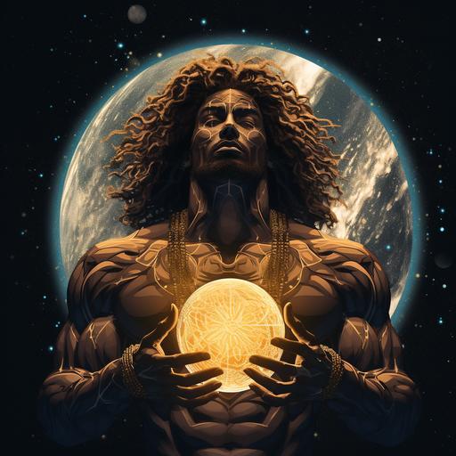 strong black Atlas deity with glowing golden eyes meditating in space. Long curly lushious hair. Golden planet in background. Camera is looking up into Atlas and Atlas is looking down. Psychedelic and ethereal. Cinematic. Crisp