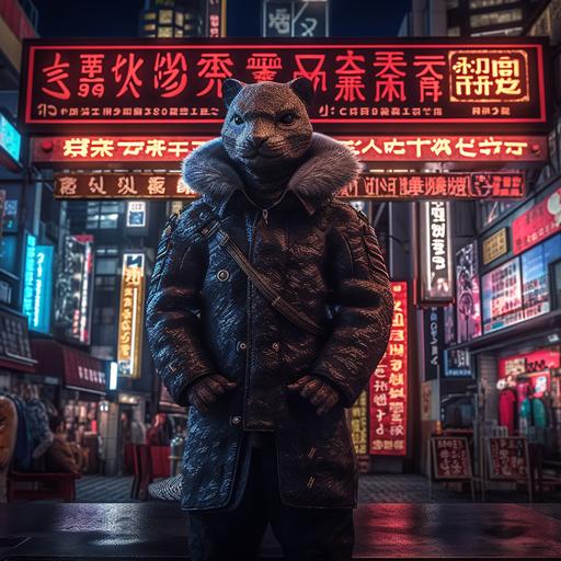 strong human sized mongoose wearing black old tactical suit, Tokyo, night, neon signs,