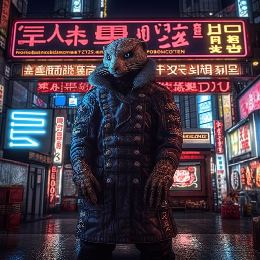 strong human sized mongoose wearing black old tactical suit, Tokyo, night, neon signs,