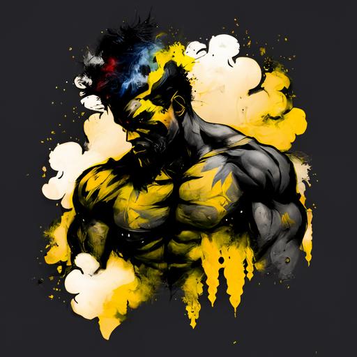 strong tough patriotic man with nebula skin, cartoon black and yellow smoke, dmt, white backround