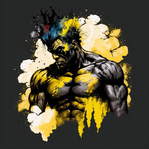 strong tough patriotic man with nebula skin, cartoon black and yellow smoke, dmt, white backround