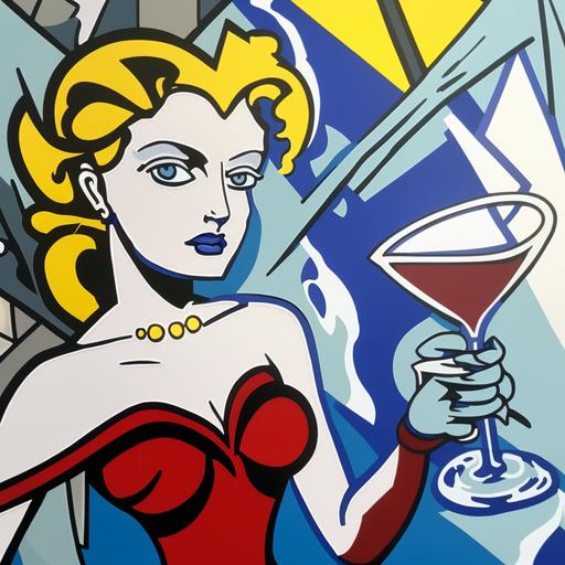 strong women, holding martini glass, entangled, acrylic painting, oil painting by picasso, cristina banban, roy lichtenstein