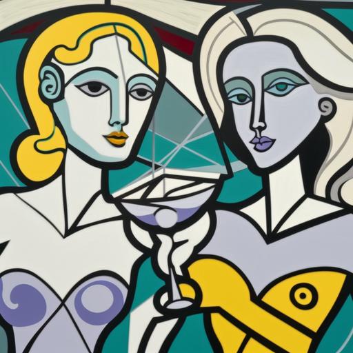 strong women, holding martini glass, entangled, acrylic painting, oil painting by picasso, cristina banban, roy lichtenstein