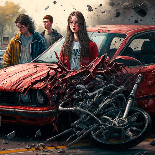 student, bike, school, car accident, intersection, burnt rubber, sirens, cars, collision, crumpled hoods, shattered windows, red sedan, silver SUV, debris, broken glass, body panels, emergency responders, injuries, distance, assistance, grim faces, injury, accident, roads, prayer