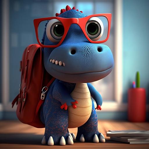 student dino big eyes blue and red cute  in classroom with blue shirt uniform  with backpack   3D