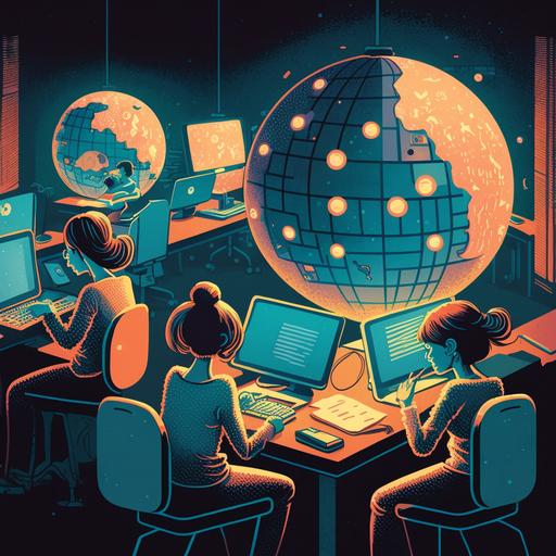 students learning with computers sitting in different rooms, all connected by the glow of a disco ball logo cartoon