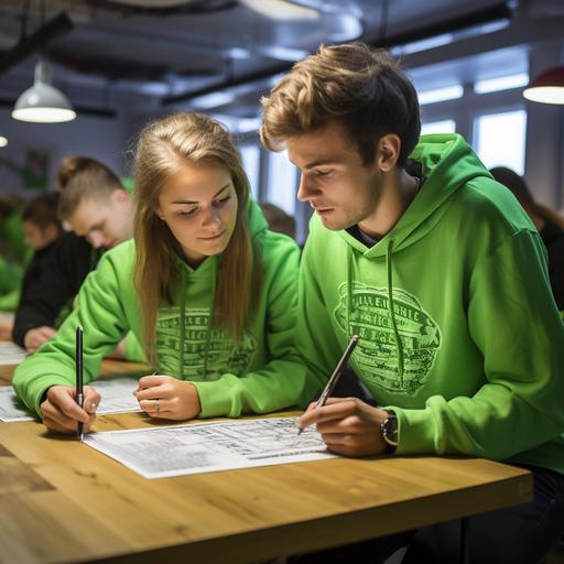 students studying natural sciences and mathematics aged 19 ultra realistic photo, wearing lime green t-shirts