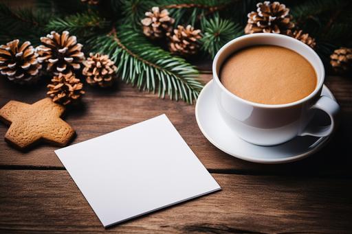 Blank greeting card, invitation mockup.Gingerbread cookie, cup of coffee and pine tree branches. --ar 3:2 --s 250