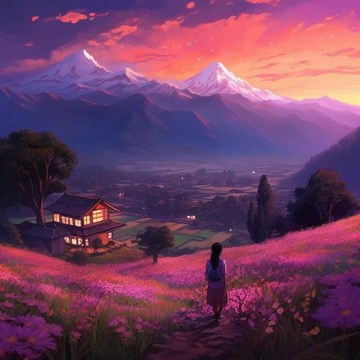 studio ghibli art, nepali village, house, mountains, himalayas, orange flowers, a girl standing in the flower field, looking sky, evening sky, purple, pink, lamp near girl