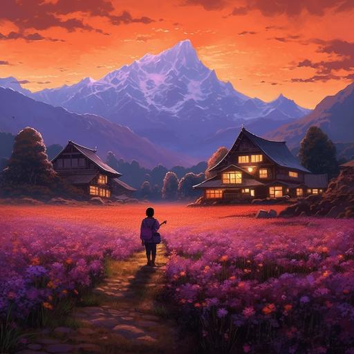 studio ghibli art, nepali village, house, mountains, himalayas, orange flowers, a girl standing in the flower field, looking sky, evening sky, purple, pink, lamp near girl
