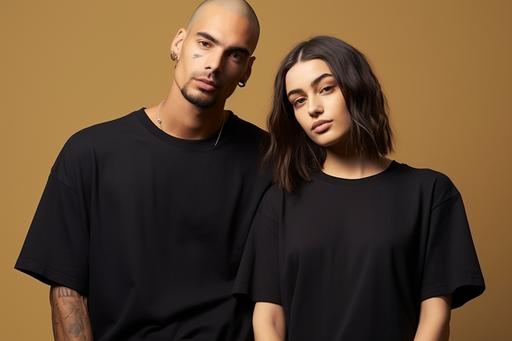 studio photograph of a young happy couple wearing mock-up blackt-shirt oversize straight down shirt,look straight at the camera , hip hop aesthetics, happy mood, soft colors, mashup of styles, minimalist studio, hyper realistic, hyper detailed --ar 3:2