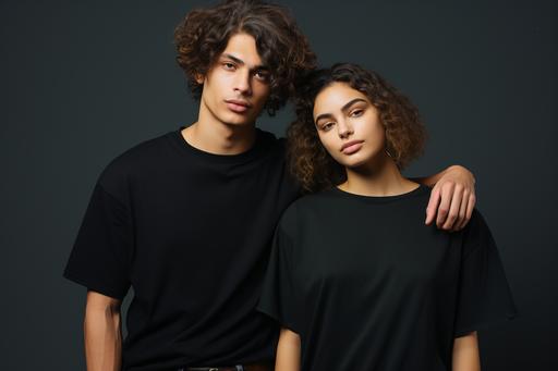 studio photograph of a young happy couple wearing mock-up blackt-shirt oversize straight down shirt,look straight at the camera , hip hop aesthetics, happy mood, soft colors, mashup of styles, minimalist studio, hyper realistic, hyper detailed --ar 3:2