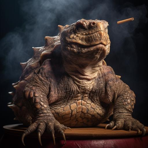 studio portrait photo of a alligator snapping turle with a cigarrete in its mouth, picture taken with a sony a7riv , 85mm g master lens, cocodrile is laying on a throne , good lighting , 8k resolution, hd