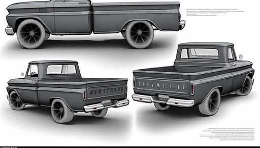 studio render showing front and rear views of the same car, 1965 chevy c10, shortbox fleetside, dark gray with black trim, offroad tires , white background--v 4 --ar 16:9