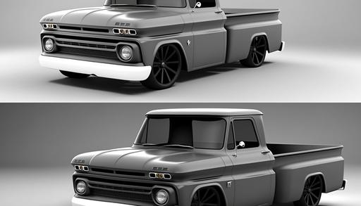 studio render showing front and rear views of the same car, 1965 chevy c10, shortbox fleetside, dark gray with black trim, white background--v 4 --ar 16:9