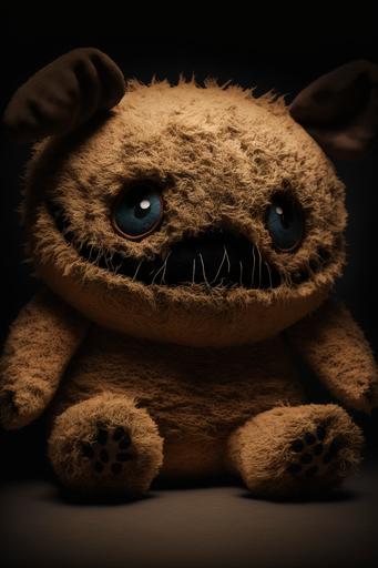 stuffed toy, character, scary teddy bear, dark eyes, mouth sewn with thread, in an anime style --ar 2:3