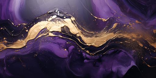 stunning abstract 3d acrylic painting in dark background, made in fluid art style, dark purple , golden marble pattern and small crushed realistic gold, fluid art shop, stunning result, technique alcohol ink, stock image, deep, realistic image --ar 2:1
