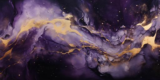 stunning abstract 3d acrylic painting in dark background, made in fluid art style, dark purple , golden marble pattern and small crushed realistic gold, fluid art shop, stunning result, technique alcohol ink, stock image, deep, realistic image --ar 2:1