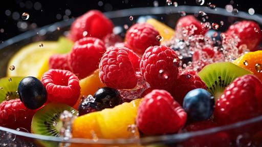 stunning close up macro shot of a bowl of fruit (fruit salad), well hydrated, water physics, professional food photography, close-up food photography, cinematic, intricate details, ultra-realism, action packed (motion:2), UHD, HDR, clean backdrop --no fake --ar 16:9