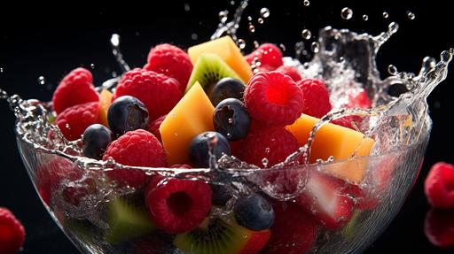stunning close up macro shot of a bowl of fruit (fruit salad), fruits colliding in the air (action), well hydrated, water physics, professional food photography, close-up food photography, cinematic, intricate details, ultra-realism, action packed (motion:2), UHD, HDR, clean backdrop --no fake --ar 16:9