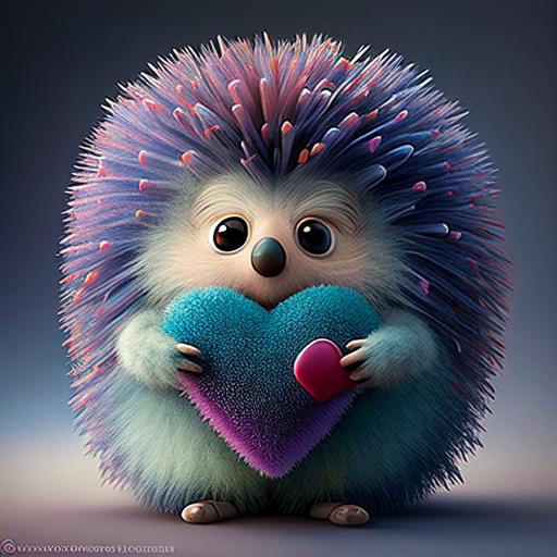 stunning disney pixar cartoon action pose, stunning fuzzy adorable hedgehog in a pastel colored heart costume for Valentines day, heart costume, love, adorable, cute hedgehog, cozy, valentines, full body of stunning fuzzy hedgehog in heart costume, full shot, love in eyes, realistic eyes, beautiful perfect symmetrical face, Stanley Artgerm Lau style, beautifully color-coded, extremely detailed, ultra hd, hdr, 8k, cinematic, dramatic lighting, studio Portrait Lighting, illuminated face, 85mm, volumetric lighting, ray tracing reflections, unreal render --upbeta --q 2 --v 4 --s 250