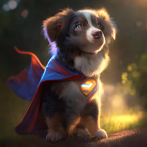 stunning disney pixar cartoon, australian shepherd puppy in a superman costume, looking happy, soft glow, dynamic composition, outside in a park, realistic anime aesthetic, realistic render, 8k, insanely detailed, cinematic lighting, 80 mm, Stanley Artgerm Lam style, beautifully color-coded, ray-tracing reflections