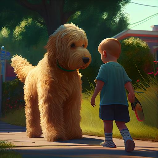 stunning disney pixar cartoon goldendoodle puppy out for a walk, children's story, stanley artgerm lau style, unreal engine --upbeta