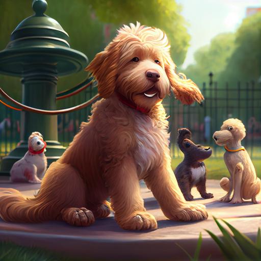 stunning disney pixar cartoon goldendoodle puppy playing with other dogs at the park, children's story, stanley artgerm lau style, unreal engine --upbeta