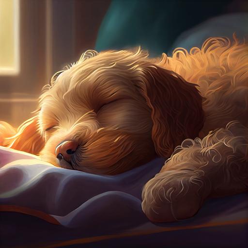 stunning disney pixar cartoon goldendoodle puppy sleeping on the sofa, artwork for a children's story, stanley artgerm lau style, unreal engine --upbeta