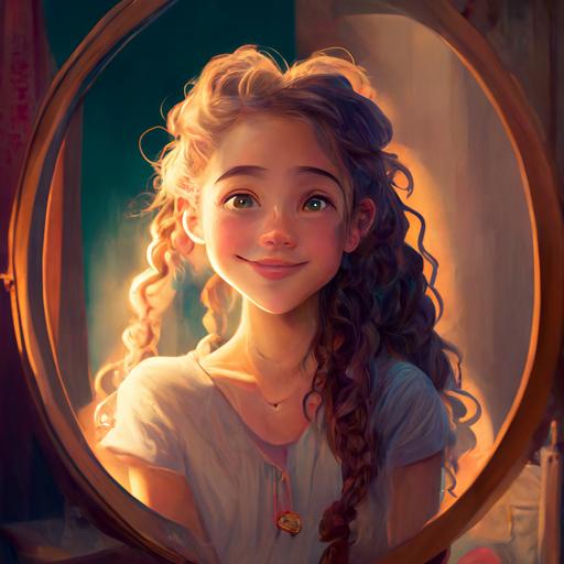 stunning disney pixar cartoon, stunning girl character with braided hair looking in the mirror smiling laughing at camera, love, kindness, warmth, glowing heart, happy, confident, stunning mirror reflection, stunning lighting, full body ultra stunning girl, full shot, silly eyes, realistic eyes, beautiful perfect symmetrical face, Stanley Artgerm Lau style, beautifully color-coded, extremely detailed, ultra hd, hdr, 8k, cinematic, dramatic lighting, studio Portrait Lighting, illuminated face, 85mm, volumetric lighting, ray tracing reflections, unreal render --upbeta --q 2 --v 4