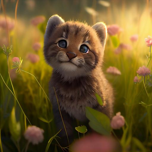 stunning disney pixar cartoon, stunning ultra fuzzy cartoon baby bobcat in a field of flowers and tall grass, sunlight, gratitude, giving thanks, happy, round, fat, cute, funny, full body ultra stunning baby bobcat, full shot, love in eyes, realistic eyes, beautiful perfect symmetrical face, extremely detailed, ultra hd, hdr, 8k, cinematic, dramatic lighting, Stanley Artgerm Lau style, beautifully color-coded,studio Portrait Lighting, illuminated face, 85mm, volumetric lighting, ray tracing reflections, unreal render --upbeta --q 2 --v 4