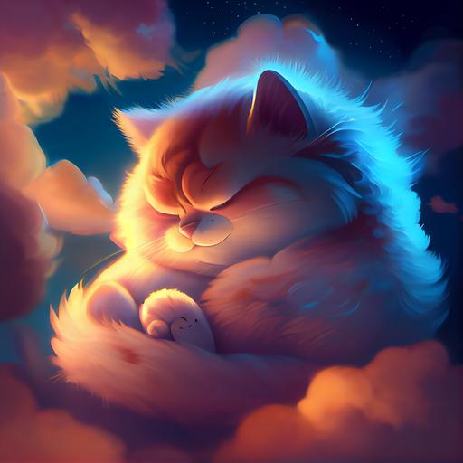 stunning disney pixar cartoon, stunning ultra fuzzy cartoon bobcat character cuddling with a fluffy cloud in the night sky, stunning cloud lighting, Stanley Artgerm Lau style, beautifully color-coded, unreal render --upbeta --q 2 --v 4