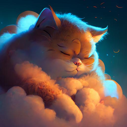 stunning disney pixar cartoon, stunning ultra fuzzy cartoon bobcat character cuddling with a fluffy cloud in the night sky, stunning cloud lighting, Stanley Artgerm Lau style, beautifully color-coded, unreal render --upbeta --q 2 --v 4