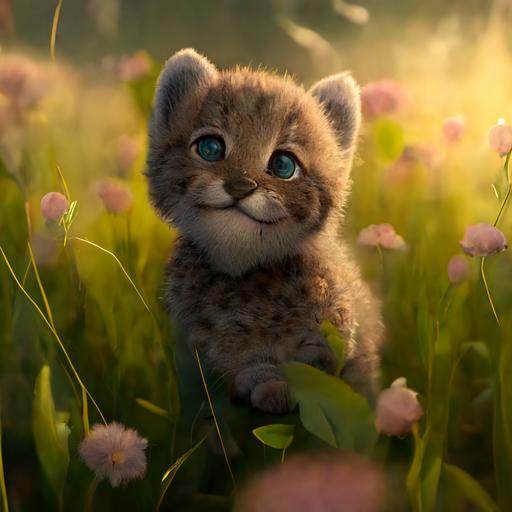 stunning disney pixar cartoon, stunning ultra fuzzy cartoon baby bobcat in a field of flowers and tall grass, sunlight, gratitude, giving thanks, happy, round, fat, cute, funny, full body ultra stunning baby bobcat, full shot, love in eyes, realistic eyes, beautiful perfect symmetrical face, extremely detailed, ultra hd, hdr, 8k, cinematic, dramatic lighting, Stanley Artgerm Lau style, beautifully color-coded,studio Portrait Lighting, illuminated face, 85mm, volumetric lighting, ray tracing reflections, unreal render --upbeta --q 2 --v 4
