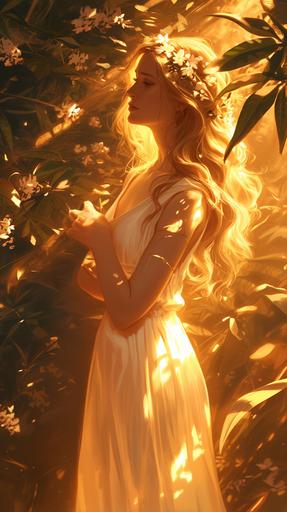 stunning goddess wreathed in dendrobium, long wavy hair, full body shot, dramatic, natural lighting, sun beams, art by Jack Hughes, puz lee, bill bliss, --ar 9:16 --niji 6
