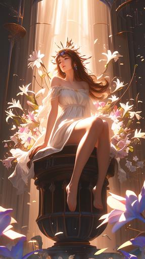 stunning goddess wreathed in dendrobium, long wavy hair, full body shot, dramatic, natural lighting, sun beams, art by Jack Hughes, puz lee, bill bliss, --ar 9:16 --niji 6