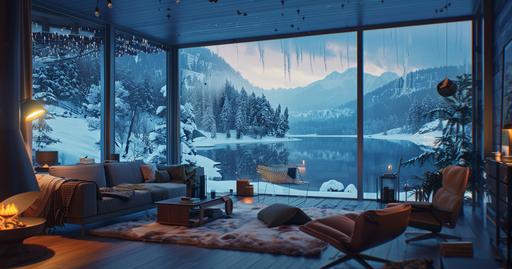 stunning living room overlooking the lake download wallpapers, images and photos home, in the style of filip hodas, depictions of inclement weather, light amber and indigo, snow scenes, modular design, 8k resolution, accurate and detailed --ar 128:67