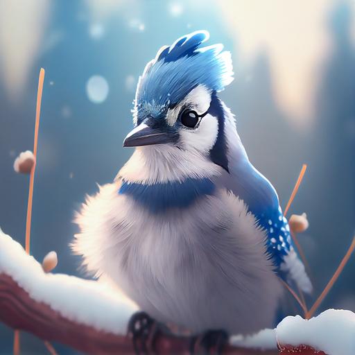 stunning morning lighting, ultra fluffy cartoon blue jay on a snow branch with white snowy background, winter forest, cold morning light, sunrise, windy snow blizzard, snowing, winter frosty cold, full shot, piercing eyes, realistic eyes, beautiful perfect symmetrical face, extremely detailed, ultra hd, hdr, 8k, cinematic, dramatic lighting, Stanley Artgerm Lau style, beautifully color-coded,studio Portrait Lighting, illuminated face, 85mm, volumetric lighting, ray tracing reflections, unreal render --upbeta --q 2 --v 4