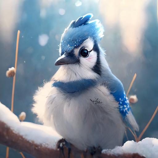 stunning morning lighting, ultra fluffy cartoon blue jay on a snow branch with white snowy background, winter forest, cold morning light, sunrise, windy snow blizzard, snowing, winter frosty cold, full shot, piercing eyes, realistic eyes, beautiful perfect symmetrical face, extremely detailed, ultra hd, hdr, 8k, cinematic, dramatic lighting, Stanley Artgerm Lau style, beautifully color-coded,studio Portrait Lighting, illuminated face, 85mm, volumetric lighting, ray tracing reflections, unreal render --upbeta --q 2 --v 4