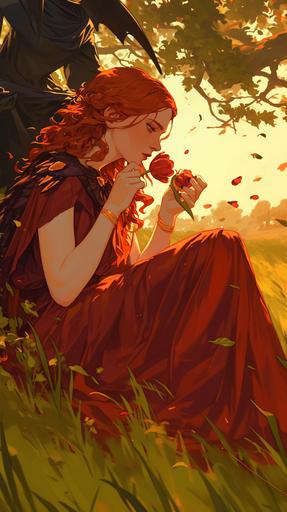 stunning persephone sitting in a green field smelling a tulip, Hades in the background watching persephone, golden hour, detailed, still shot, full body shot, ink art by Austin Briggs, Charlie Bowater, Atey Ghailan, --ar 9:16 --niji 6