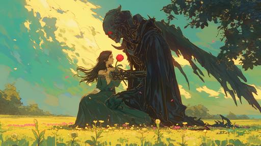 stunning persephone sitting in a green field smelling a tulip, Hades in the background watching persephone, golden hour, detailed, still shot, full body shot, ink art by Austin Briggs, Charlie Bowater, Atey Ghailan, --ar 16:9 --niji 6